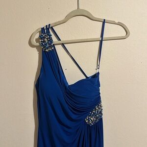 One Shoulder Royal Blue Bedazzled Prom Dress